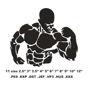May include: Black and white silhouette of a muscular figure flexing their bicep. The image includes the text "11 size 2.5" 3" 3.5" 4" 5" 6" 7" 8" 9" 10" 12" .PES .EXP .DST .JEF .VP3 .HUS .XXX".