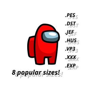 Puede incluir: Personaje de dibujos animados rojo con una visera, de pie sobre un fondo blanco. El texto "8 tamaños populares!" está debajo del personaje. El texto ".PES .DST .JEF .HUS .VP3 .XXX .EXP" está a la derecha del personaje.