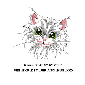 May include: A white cat with green eyes and pink ears, looking to the left. The cat is drawn in a cartoon style with a fluffy texture. The image includes text that says "6 size 3" 4" 5" 6" 7" 8" .PES .EXP .DST .JEF .VP3 .HUS .XXX".