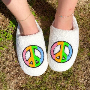 Bright Colorful Hippie Peace Sign Fluffy Slippers