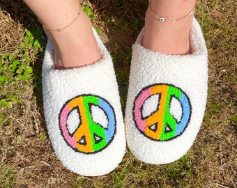 Bright Colorful Hippie Peace Sign Fluffy Slippers