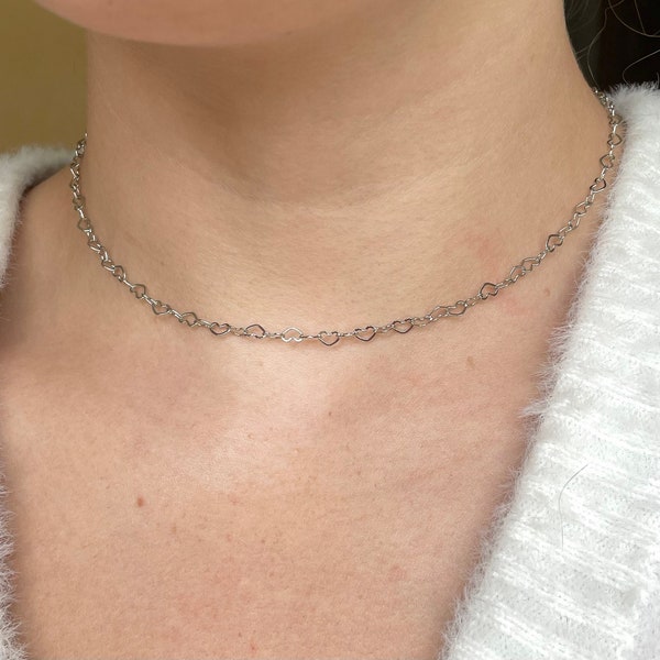 Silver Heart Chain Choker Necklace