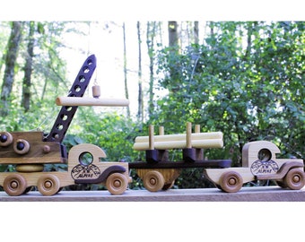 Toy Wooden Crane with Log Truck, Unique Gift, Montessori Toys, NW Alpine Handcrafted