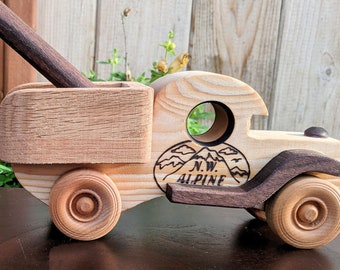 Toy Wooden Tow Truck and Car Oak Base, Unique Gift, Montessori Toys, NW Alpine Handcrafted USA