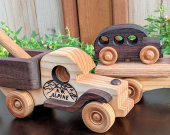 Toy Wooden Flatbed Tow Truck W/ car Oak Base, Tow Truck W/car, Black Walnut base Unique Gift, Montessori Toys, NW Alpine Handcrafted USA