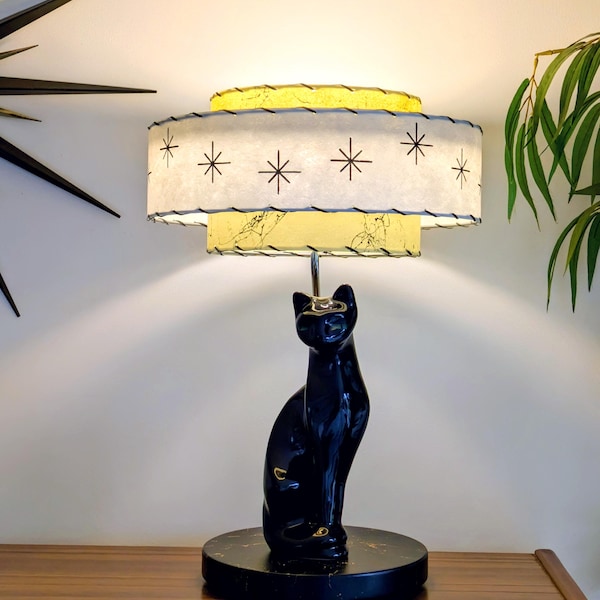 Lámpara de gato negro grande de mediados de siglo, década de 1970, con pantalla de fibra de vidrio amarilla y marfil