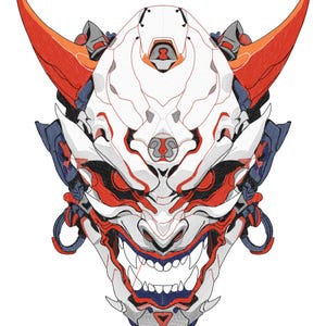 Op de afbeelding: Een gestileerde illustratie van een Japans demonenmasker met hoorns, in wit en rood. Het masker heeft een woeste uitdrukking met scherpe tanden en een gedetailleerd ontwerp.