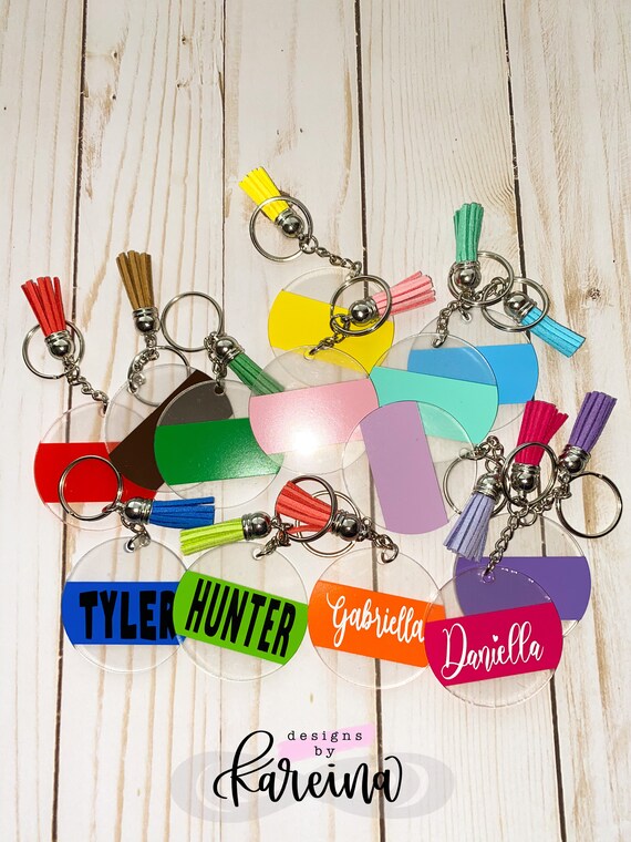 Personalized Acrylic Disc Keychain with Name Decal Tassel Etsy