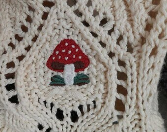 Cottagecore Vintage style knitted cardigan with mushroom embroidery, cottagecore, kidcore farmcore