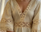 Cottagecore dress, boho 70 crochet lace dress made to order 70s bell sleeve cottagecore prairie dress, made to measure dress