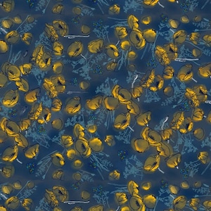 100% Maulbeerseide Stoff Crepe de Chine - 16 Momme - Wild Poppies Blau & Gelb - 115 cm