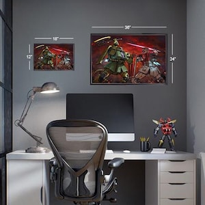 May include: Two framed prints of anime characters in a home office setting. The larger print is 91 cm wide and 61 cm tall. The smaller print is 46 cm wide and 30 cm tall. The prints are hanging on a grey wall above a desk with a black office chair.