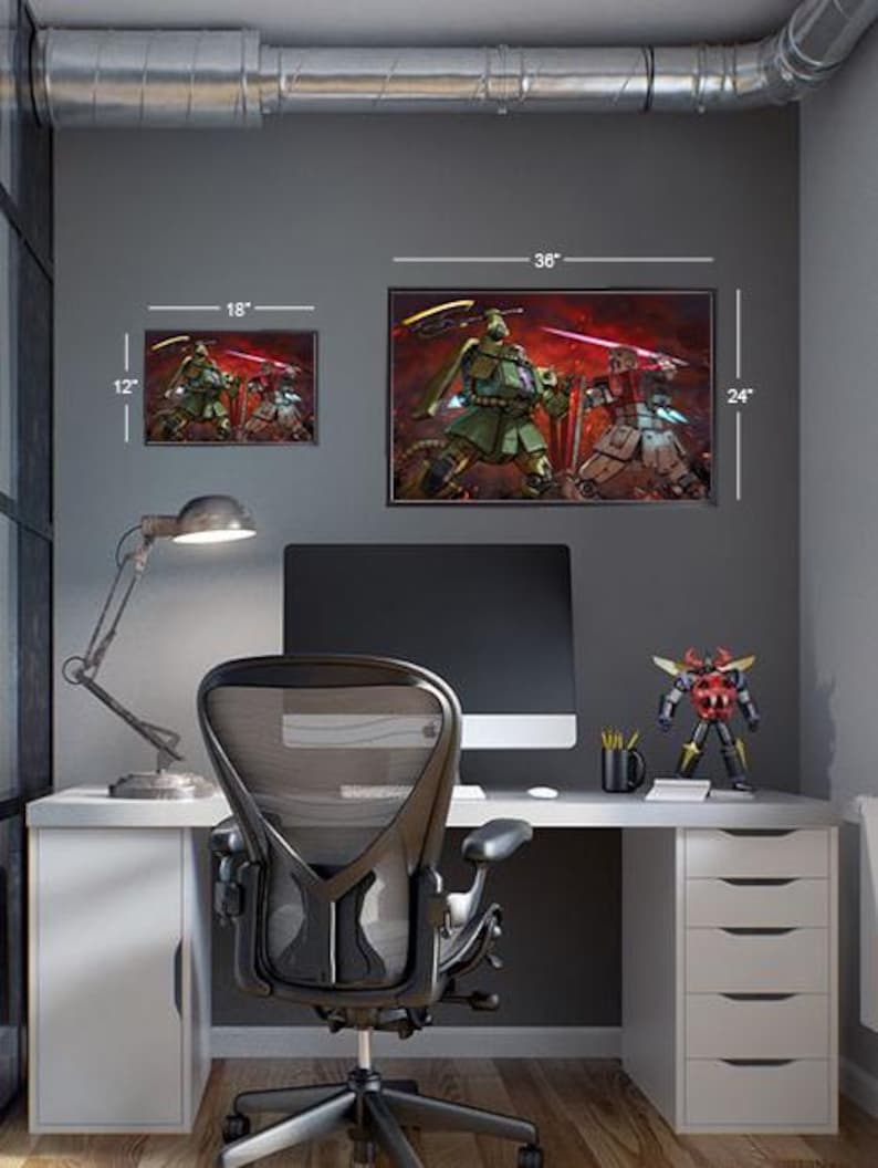 May include: Two framed prints of anime characters in a home office setting. The larger print is 91 cm wide and 61 cm tall. The smaller print is 46 cm wide and 30 cm tall. The prints are hanging on a grey wall above a desk with a black office chair.