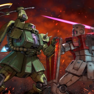 May include: Two robots, one green and one red, are locked in a battle pose. The green robot is wielding a large axe, while the red robot holds a sword. The background is a fiery red.