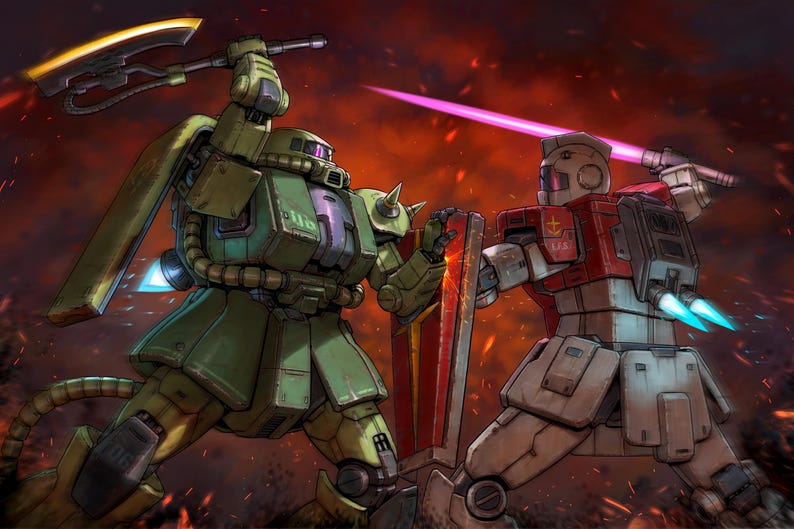 May include: Two robots, one green and one red, are locked in a battle pose. The green robot is wielding a large axe, while the red robot holds a sword. The background is a fiery red.