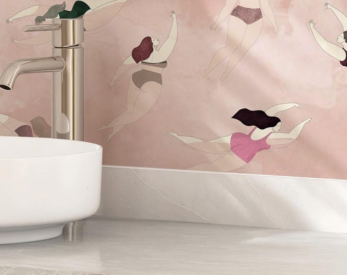 Featured listing image: Coastal Swimming Women Wallpaper • Pink Tone