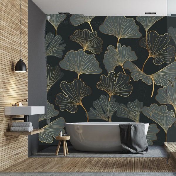 Premium Quality Giant Ginkgo Leaf Wall Art: Classic yet Modern Home Decor in Gold and Black Tones, vintage big ginkgo leaf,removable,mural