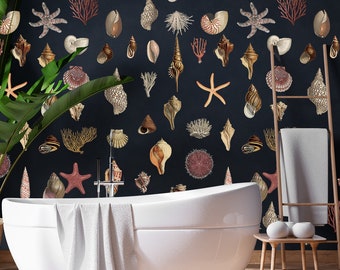 Papel pintado vintage de conchas marinas • Azul marino y coral • Despegar y pegar • Mural de pared