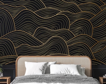 Art Deco Gold Waves Wallpaper • Abstract Line Art • Peel and Stick • Wall Mural
