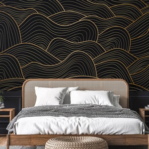 Gold Wave Line Art - Black Removable Wall Mural