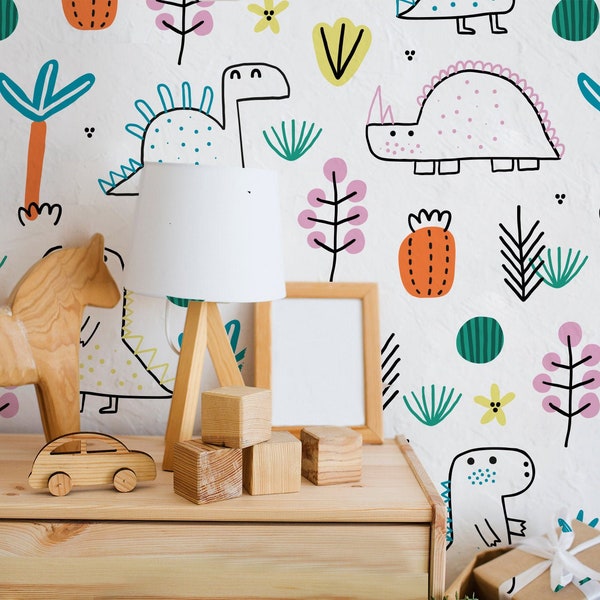 Colorful Cartoon Pretty Dinosaur Wallpaper - Perfect for Creating a Fun and cozy Baby Room,self adhesive,removable,peel and stick,vinly