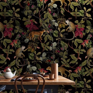 Vintage Dark Botanic Wallpaper:Custom Forest Design with Cheetah and Monkey,Leaves and Red Flowers, Stylish Décor for Any Space,removable