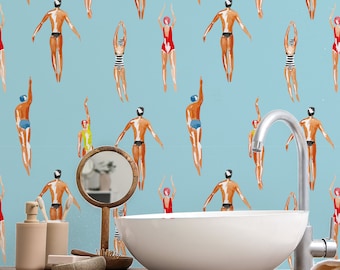 Refresh Your Space with Swimmers in the Pool Wallpaper - Blue and Vibrant Colors,removable,peel and stick,vinly wallpaper ,self adhesive