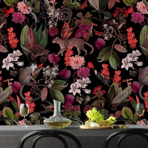 Dark Botanic Wallpaper: Pink Forest Design with Cheetah,Monkey and snakes Leaves and pink orange flowers, self adhesive,removable,wall mural 画像 2