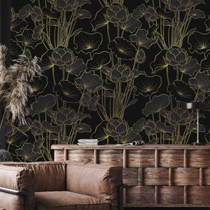 Art Deco Lotus Flower Mural: Black and Gold Peel & Stick Wallpaper