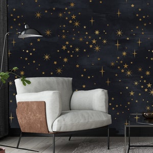 Starry Nights: Art Deco Style Black with Gold Stars Wallpaper for Cosmic Dreamers,peel and stick,self adhesive,vinly,removable,self adhesive