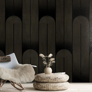 Dark Art deco Wallpaper: Striking Gold Stripes on Black - Vintage-Inspired Boho Accent,peel and stick,vinly paper,self adhesive,removable