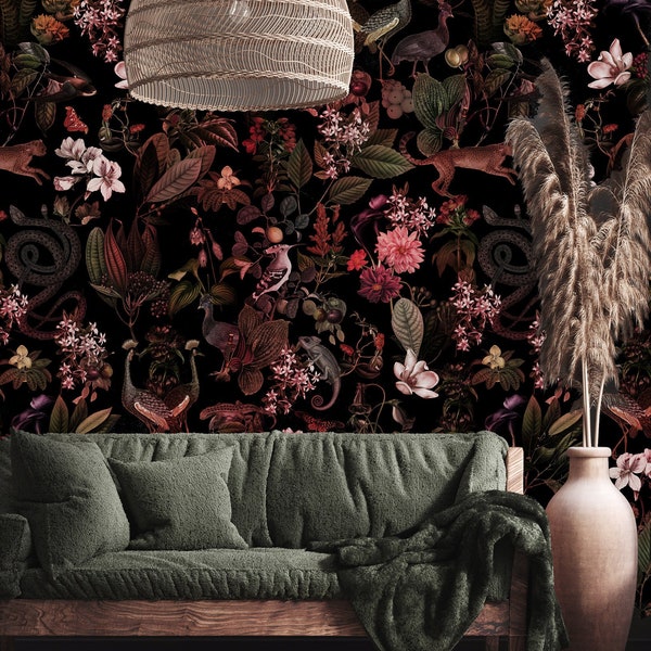 A Nature Lover's Dream:Removable Botanical Wallpaper Featuring Dark Plants,Birds,Cheetahs,Snakes and More,peel and stick,self adhesive,vinly