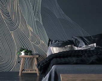Dark Abstract Line Art Wallpaper • Wavy Sea Design • Peel and Stick • Wall Mural