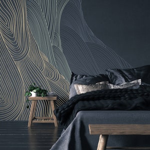 Donker abstract lijnkunstbehang: golvend zeeontwerp Peel and Stick