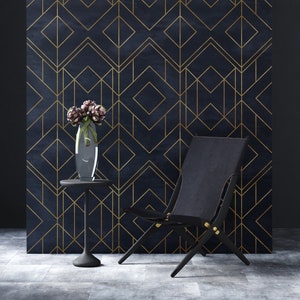 Modern Art Deco Peel and Stick Wallpaper - Transform Your Walls with Elegant Black and Gold Geometric Design, Removable Vinyl