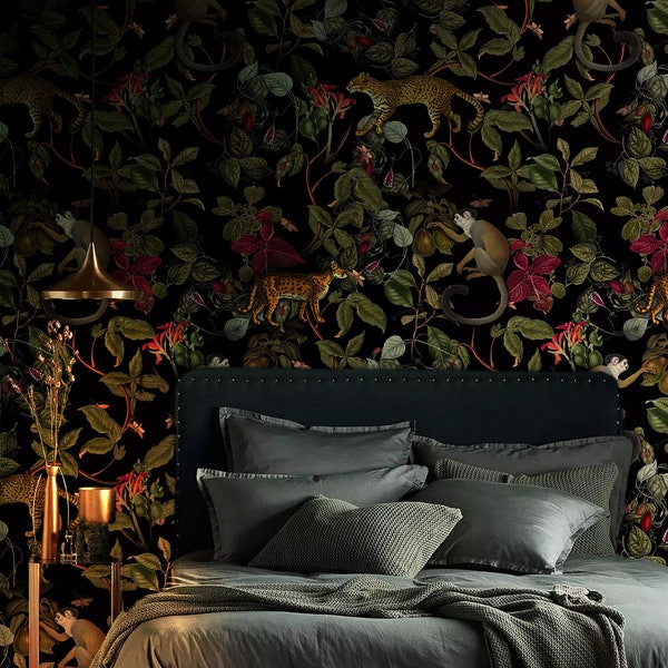 Vintage Dark Botanic Wallpaper:Custom Forest Design with Cheetah and Monkey,Leaves and Red Flowers, Stylish Décor for Any Space,removable