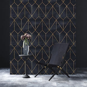 Sophisticated Art Deco Black and Gold Geometric Wallpaper - Modern Abstract Peel and Stick,Vinyl Home Decor