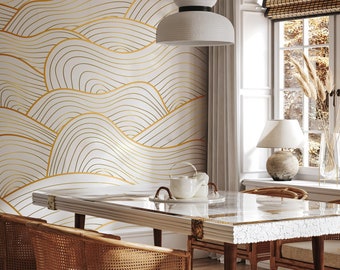Gold Wave Wallpaper • Abstract Sea Line Art • Peel and Stick or Paste • Wall Mural