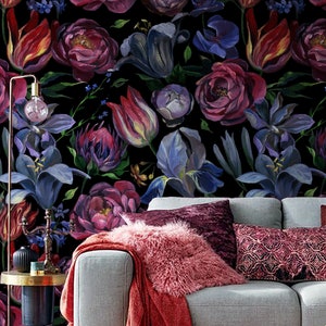 Dark Floral Wallpaper: Painted Style, Peel and Stick Vinyl