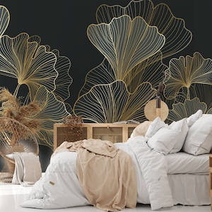 Schicke Ginkgo-Blatt-Wanddekoration in elegantem Gold und Schwarz - Stilvoller Wohnakzent, Abnehmbare Tapete mit Riesenblatt