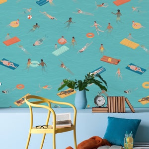 Swim into Summer with this Blue Sea Swim Wallpaper - Self Adhesive and Removable wallpaper, summer wallpaper, beach peel and stick mural