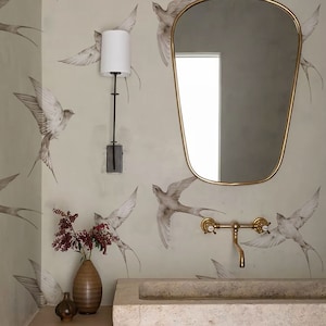 Hand Drawn Vintage Bird Wallpaper with Swallow Pattern on Cream Background - High Quality Vinyl, Peel and Stick, Boho Wall Mural