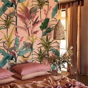 Colorful Nature-inspired Wall Art: Pink Background, Blue Birds, Snakes & Flower Decor, vintage plant wallpaper,self adhesive,removable,mural