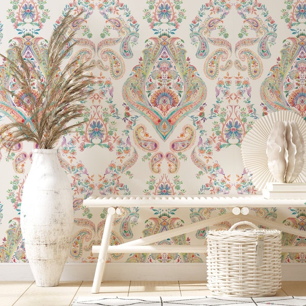 Colorful Damask Wallpaper: High-Quality Paisley Wallcovering for a Fresh and Modern Home,removable,peel and stick,self adhesive,vinly mural