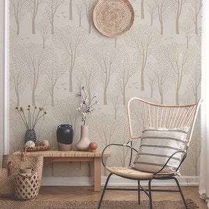 Carta da parati Scandinavian Nature – Motivi di alberi e uccelli in volo, alternativa al vinile beige, stacca e attacca, autoadesiva, decorazione rimovibile