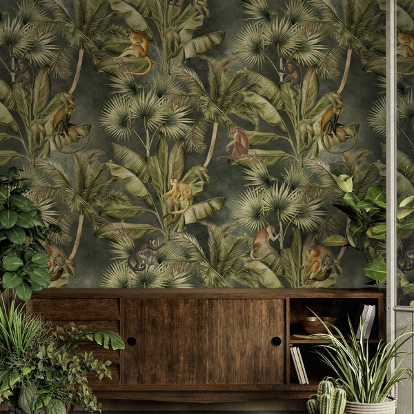 Jumping Monkeys on Green Trees: Bring the Tropical Bliss Home with this Botanical Wallpaper Design,exotic wallpaper,peel and stick,removable