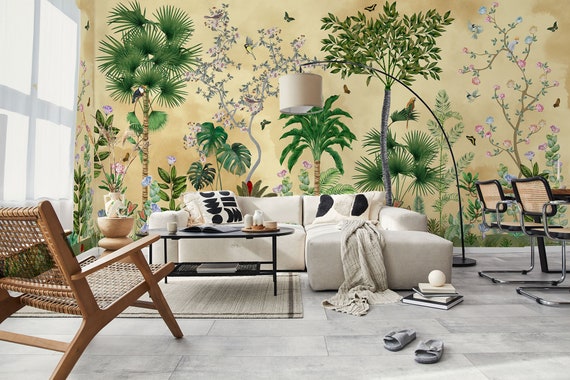 Chinoiserie-Inspired Sunset Gift: Nature-Inspired Yellow Tones for Your Home,Cream background,hand made paint,removable,vinly,peel and stick