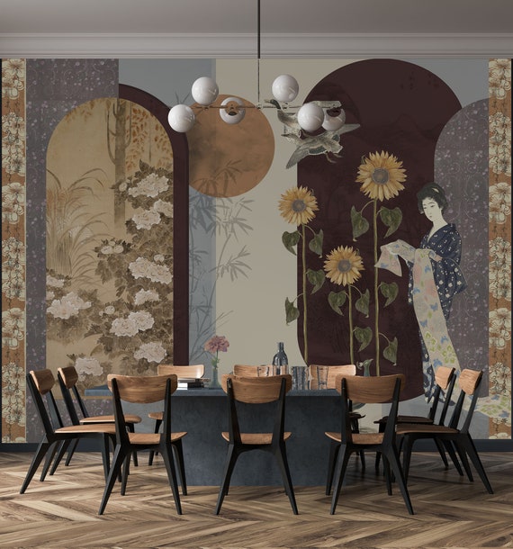 Geisha Garden Wallpaper Mural: Vintage Japanese Art, Peel and Stick Vinyl