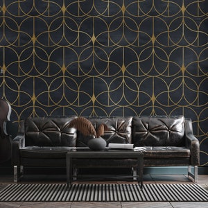 Modern Art Deco Peel and Stick Wall Mural - Chic Black and Gold Geometric Wallpaper, Removable Vinyl
