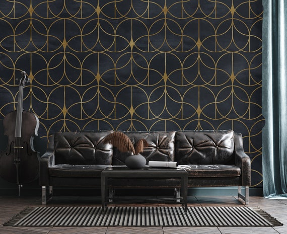 Art Deco Geometric Wallpaper: Chic Black and Gold Peel and Stick Vinyl